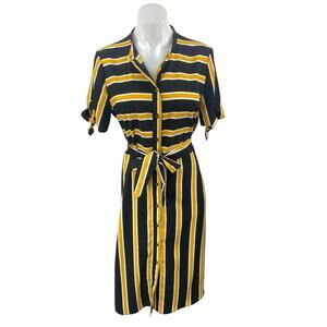 WhoWhatWear Black Yellow Short Sleeve Button Down Belted Midi Shirt Dress Size M